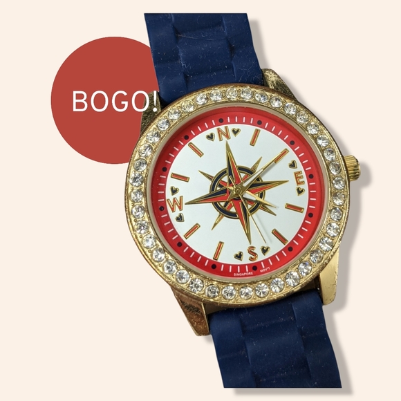 Watch Nautical Navy Blue Silicone Band Gold Gems - Picture 1 of 4